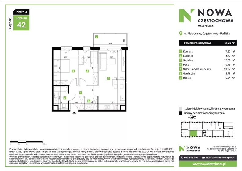 3 pokoje, mieszkanie 61,25 m², piętro 3, oferta nr F42, Nowa Częstochowa Małopolska - etap IV, Częstochowa, Częstochówka-Parkitka, ul. Małopolska 196A
