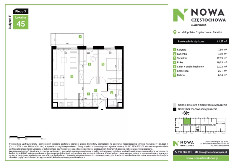 3 pokoje, mieszkanie 61,27 m², piętro 3, oferta nr F45, Nowa Częstochowa Małopolska - etap IV, Częstochowa, Częstochówka-Parkitka, ul. Małopolska 196A