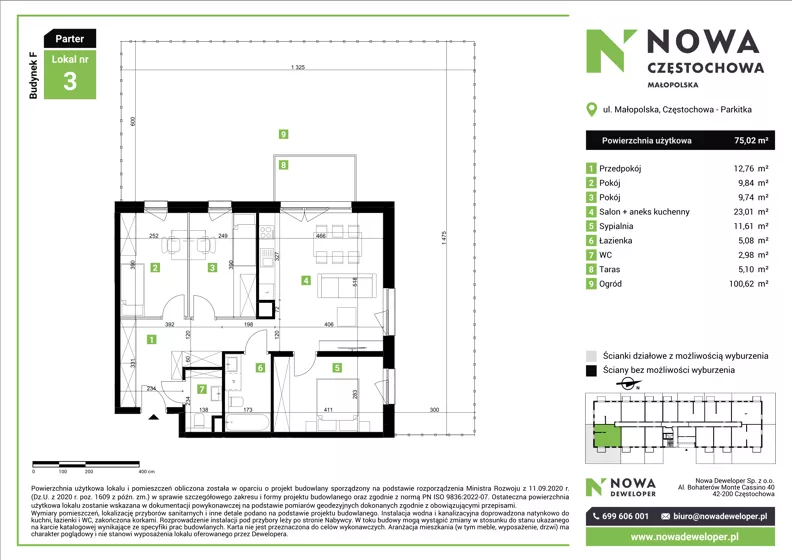 4 pokoje, mieszkanie 75,02 m², parter, oferta nr F3, Nowa Częstochowa Małopolska - etap IV, Częstochowa, Częstochówka-Parkitka, ul. Małopolska 196A