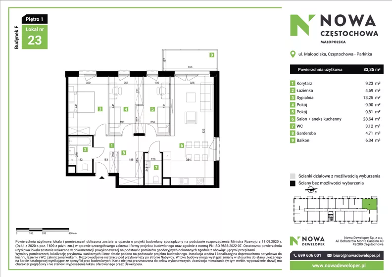 4 pokoje, mieszkanie 83,35 m², piętro 1, oferta nr F23, Nowa Częstochowa Małopolska - etap IV, Częstochowa, Częstochówka-Parkitka, ul. Małopolska 196A