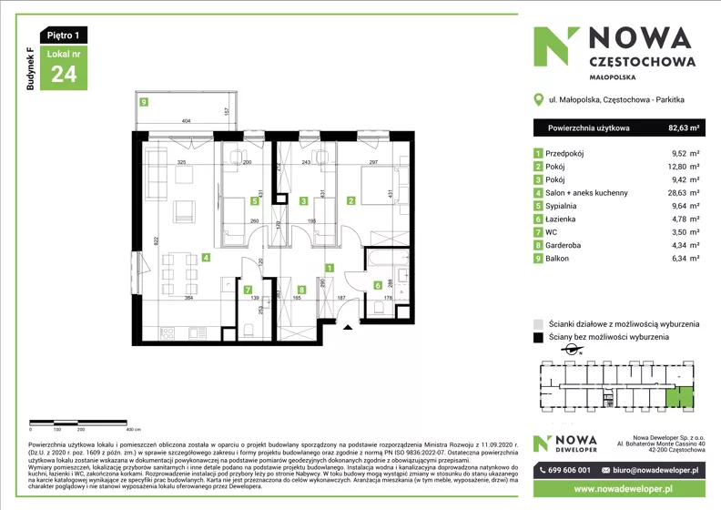4 pokoje, mieszkanie 82,63 m², piętro 1, oferta nr F24, Nowa Częstochowa Małopolska - etap IV, Częstochowa, Częstochówka-Parkitka, ul. Małopolska 196A