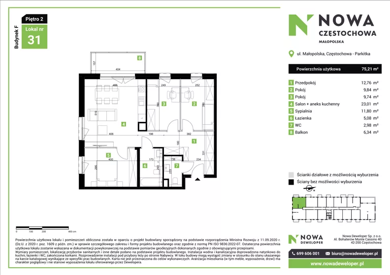 4 pokoje, mieszkanie 75,21 m², piętro 2, oferta nr F31, Nowa Częstochowa Małopolska - etap IV, Częstochowa, Częstochówka-Parkitka, ul. Małopolska 196A