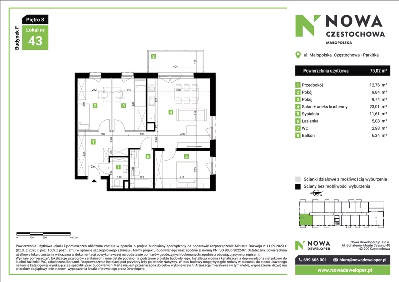 4 pokoje, mieszkanie 75,02 m², piętro 3, oferta nr F43, Nowa Częstochowa Małopolska - etap IV, Częstochowa, Częstochówka-Parkitka, ul. Małopolska 196A