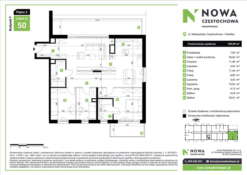4 pokoje, mieszkanie 105,09 m², piętro 3, oferta nr F50, Nowa Częstochowa Małopolska - etap IV, Częstochowa, Częstochówka-Parkitka, ul. Małopolska 196A