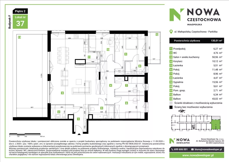 5 pokoi, mieszkanie 130,01 m², piętro 2, oferta nr F37, Nowa Częstochowa Małopolska - etap IV, Częstochowa, Częstochówka-Parkitka, ul. Małopolska 196A
