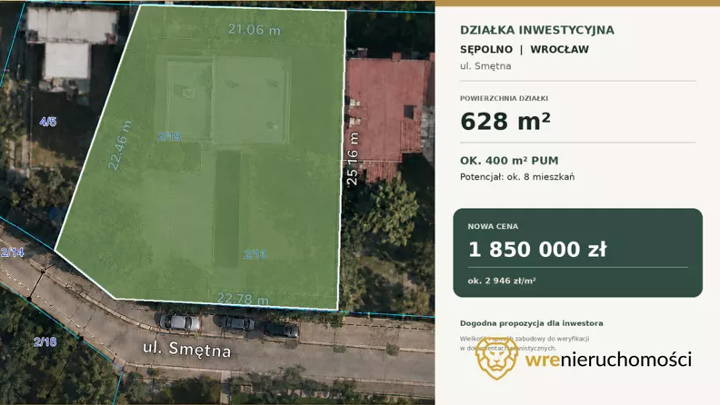 Działka 628,00 m², oferta nr , 794585, Wrocław, Biskupin-Sępolno-Dąbie-Bartoszowice, Sępolno, Smętna