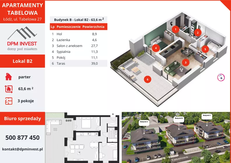 3 pokoje, mieszkanie 63,60 m², parter, oferta nr B2, Apartamenty Tabelowa - Budynek B, Łódź, Górna, ul. Tabelowa 27