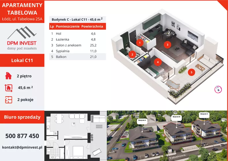 2 pokoje, mieszkanie 45,60 m², piętro 2, oferta nr C11, Apartamenty Tabelowa - Budynek C, Łódź, Górna, ul. Tabelowa 27