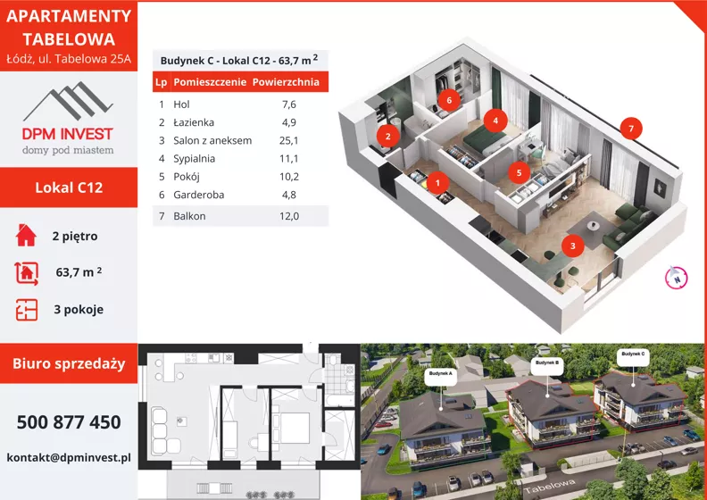 3 pokoje, mieszkanie 63,70 m², piętro 2, oferta nr C12, Apartamenty Tabelowa - Budynek C, Łódź, Górna, ul. Tabelowa 27