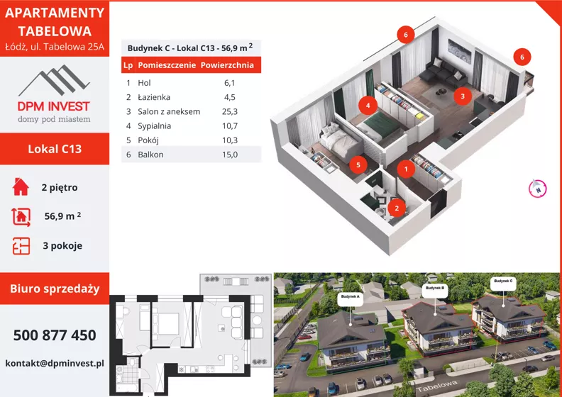3 pokoje, mieszkanie 56,90 m², piętro 2, oferta nr C13, Apartamenty Tabelowa - Budynek C, Łódź, Górna, ul. Tabelowa 27