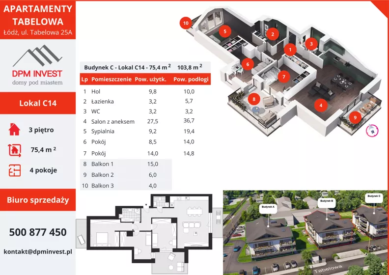 4 pokoje, mieszkanie 75,40 m², piętro 3, oferta nr C14, Apartamenty Tabelowa - Budynek C, Łódź, Górna, ul. Tabelowa 27