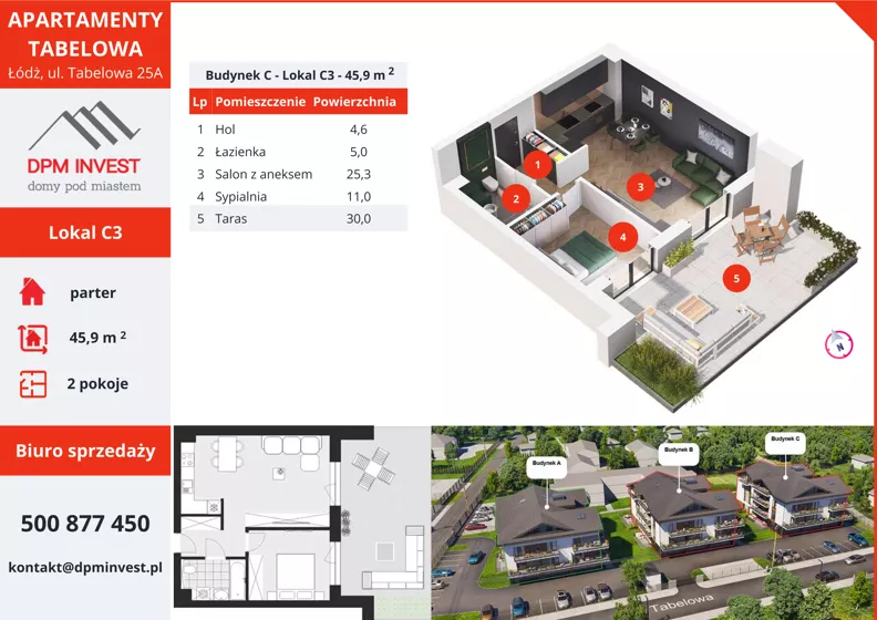 2 pokoje, mieszkanie 45,90 m², parter, oferta nr C3, Apartamenty Tabelowa - Budynek C, Łódź, Górna, ul. Tabelowa 27