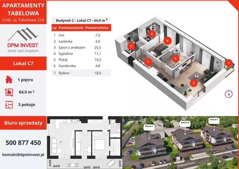 3 pokoje, mieszkanie 64,00 m², piętro 1, oferta nr C7, Apartamenty Tabelowa - Budynek C, Łódź, Górna, ul. Tabelowa 27