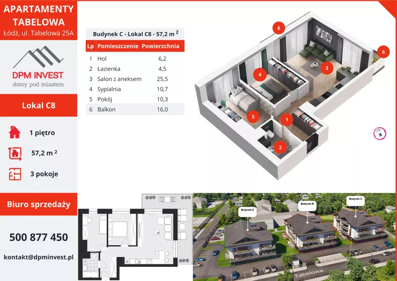 3 pokoje, mieszkanie 57,20 m², piętro 1, oferta nr C8, Apartamenty Tabelowa - Budynek C, Łódź, Górna, ul. Tabelowa 27