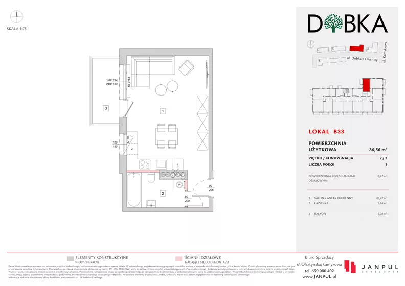 1 pokój, mieszkanie 36,56 m², piętro 2, oferta nr B33, Dobka, Warszawa, Białołęka, Brzeziny, ul. Dobka z Oleśnicy 25