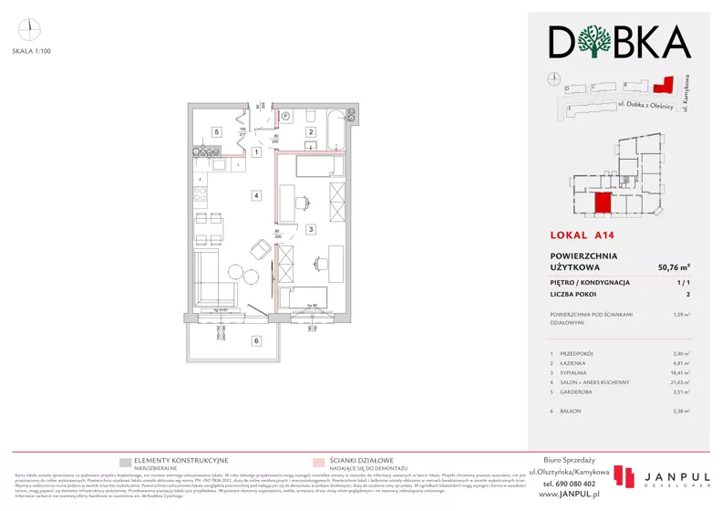 2 pokoje, mieszkanie 50,76 m², piętro 1, oferta nr A14, Dobka, Warszawa, Białołęka, Brzeziny, ul. Dobka z Oleśnicy 25