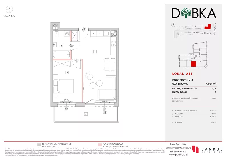 2 pokoje, mieszkanie 43,04 m², piętro 2, oferta nr A25, Dobka, Warszawa, Białołęka, Brzeziny, ul. Dobka z Oleśnicy 25