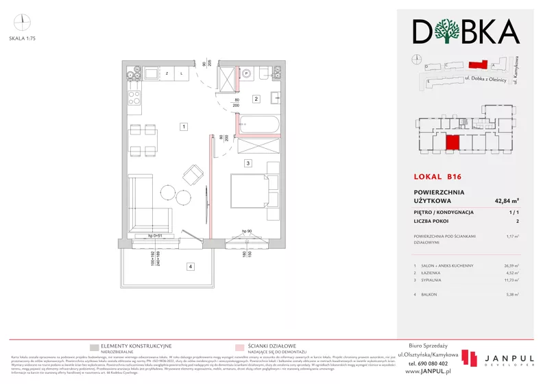 2 pokoje, mieszkanie 42,84 m², piętro 1, oferta nr B16, Dobka, Warszawa, Białołęka, Brzeziny, ul. Dobka z Oleśnicy 25