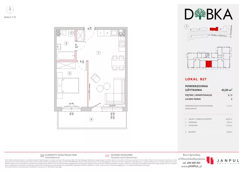 2 pokoje, mieszkanie 42,84 m², piętro 2, oferta nr B27, Dobka, Warszawa, Białołęka, Brzeziny, ul. Dobka z Oleśnicy 25