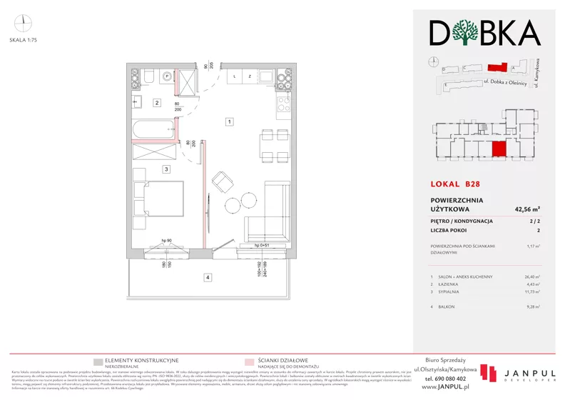 2 pokoje, mieszkanie 42,56 m², piętro 2, oferta nr B28, Dobka, Warszawa, Białołęka, Brzeziny, ul. Dobka z Oleśnicy 25