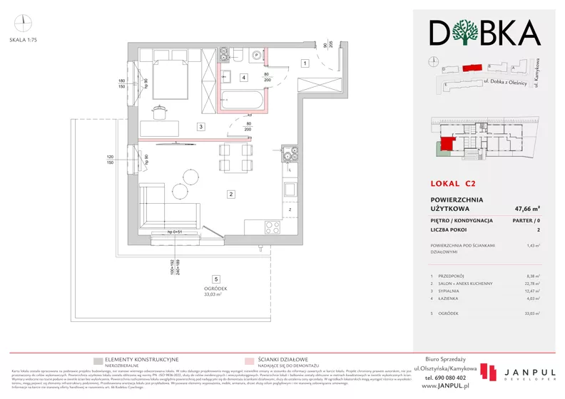 2 pokoje, mieszkanie 47,66 m², parter, oferta nr C02, Dobka, Warszawa, Białołęka, Brzeziny, ul. Dobka z Oleśnicy 25