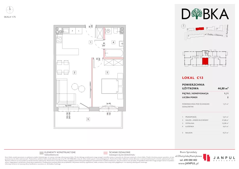 2 pokoje, mieszkanie 44,80 m², piętro 1, oferta nr C13, Dobka, Warszawa, Białołęka, Brzeziny, ul. Dobka z Oleśnicy 25