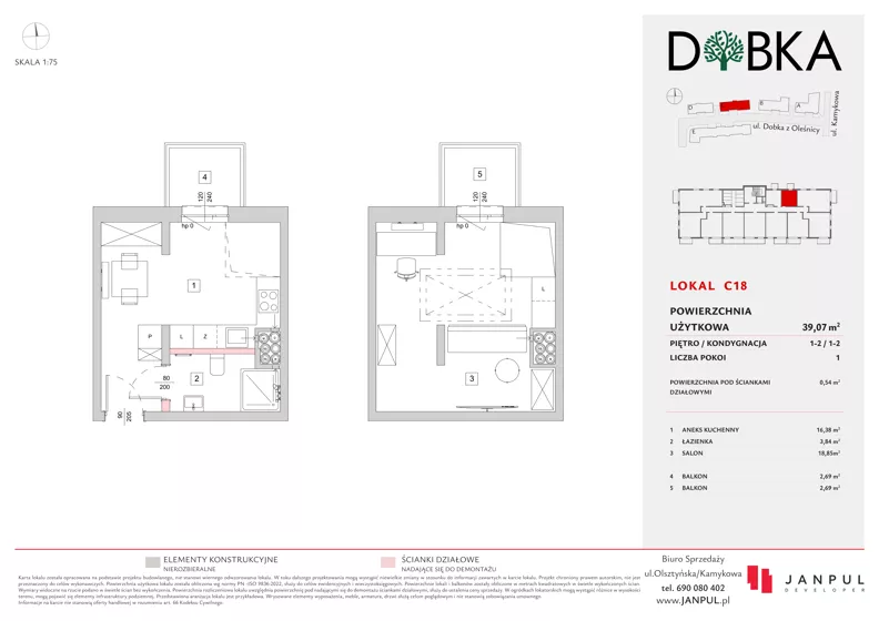 2 pokoje, mieszkanie 39,07 m², piętro 1, oferta nr C18, Dobka, Warszawa, Białołęka, Brzeziny, ul. Dobka z Oleśnicy 25