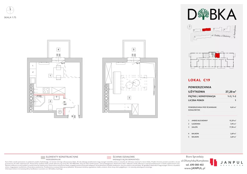 2 pokoje, mieszkanie 37,20 m², piętro 1, oferta nr C19, Dobka, Warszawa, Białołęka, Brzeziny, ul. Dobka z Oleśnicy 25