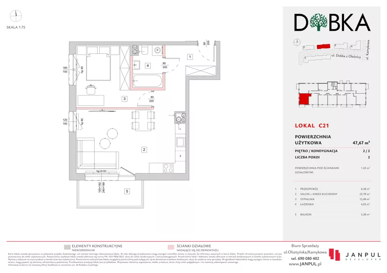 2 pokoje, mieszkanie 47,67 m², piętro 2, oferta nr C21, Dobka, Warszawa, Białołęka, Brzeziny, ul. Dobka z Oleśnicy 25