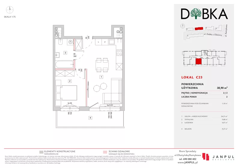 2 pokoje, mieszkanie 38,90 m², piętro 2, oferta nr C23, Dobka, Warszawa, Białołęka, Brzeziny, ul. Dobka z Oleśnicy 25