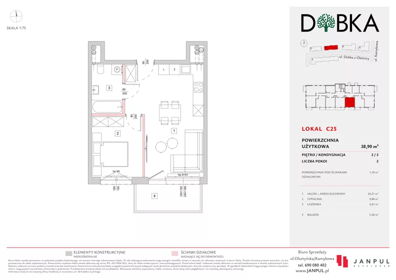2 pokoje, mieszkanie 38,90 m², piętro 2, oferta nr C25, Dobka, Warszawa, Białołęka, Brzeziny, ul. Dobka z Oleśnicy 25