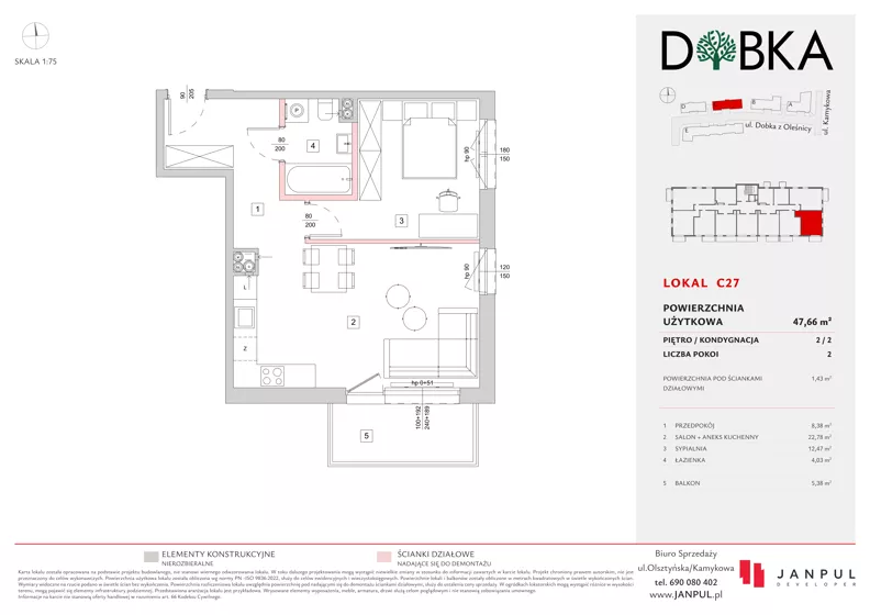 2 pokoje, mieszkanie 47,66 m², piętro 2, oferta nr C27, Dobka, Warszawa, Białołęka, Brzeziny, ul. Dobka z Oleśnicy 25