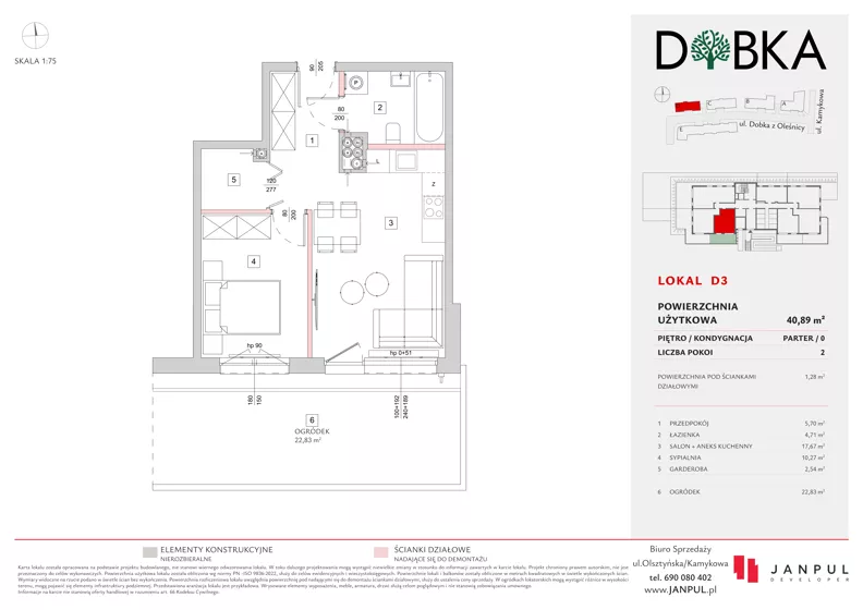 2 pokoje, mieszkanie 40,89 m², parter, oferta nr D03, Dobka, Warszawa, Białołęka, Brzeziny, ul. Dobka z Oleśnicy 25