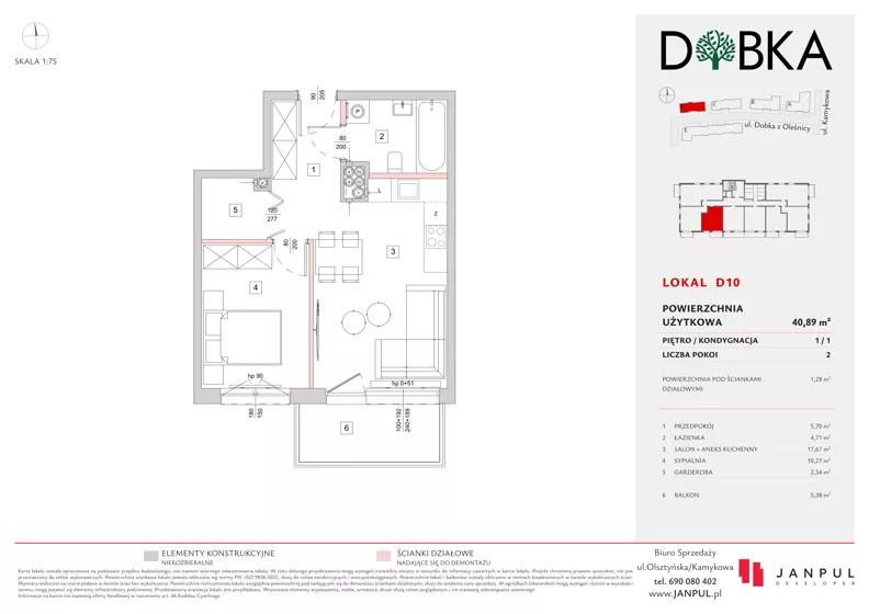 2 pokoje, mieszkanie 40,89 m², piętro 1, oferta nr D10, Dobka, Warszawa, Białołęka, Brzeziny, ul. Dobka z Oleśnicy 25