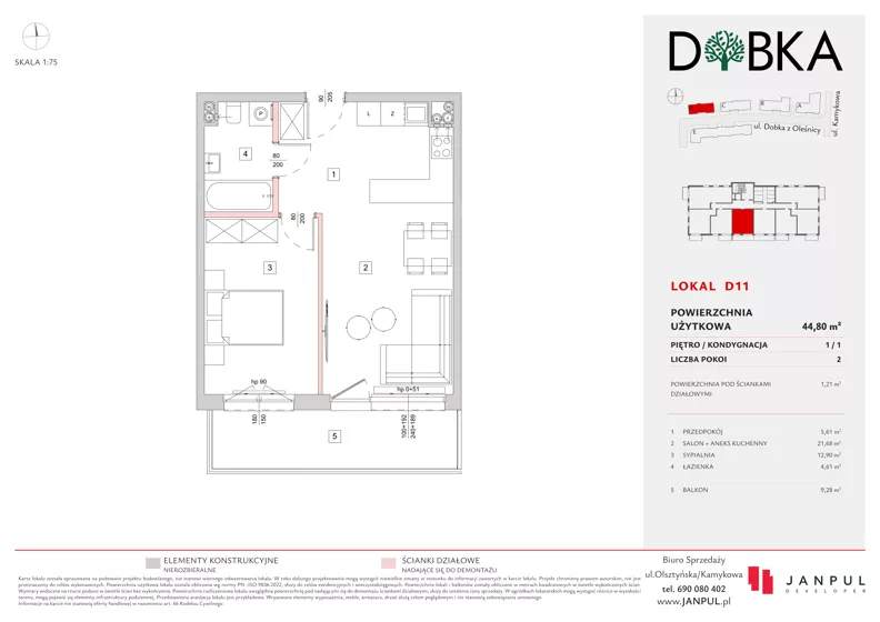 2 pokoje, mieszkanie 44,80 m², piętro 1, oferta nr D11, Dobka, Warszawa, Białołęka, Brzeziny, ul. Dobka z Oleśnicy 25