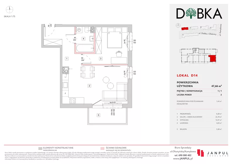 2 pokoje, mieszkanie 47,66 m², piętro 1, oferta nr D14, Dobka, Warszawa, Białołęka, Brzeziny, ul. Dobka z Oleśnicy 25