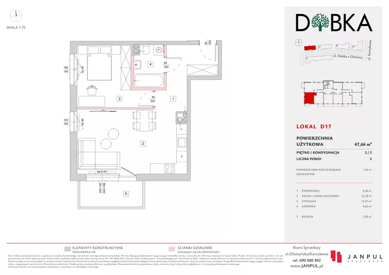 2 pokoje, mieszkanie 47,66 m², piętro 2, oferta nr D17, Dobka, Warszawa, Białołęka, Brzeziny, ul. Dobka z Oleśnicy 25