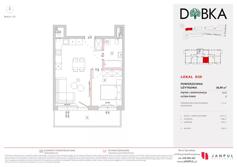 2 pokoje, mieszkanie 38,90 m², piętro 2, oferta nr D20, Dobka, Warszawa, Białołęka, Brzeziny, ul. Dobka z Oleśnicy 25