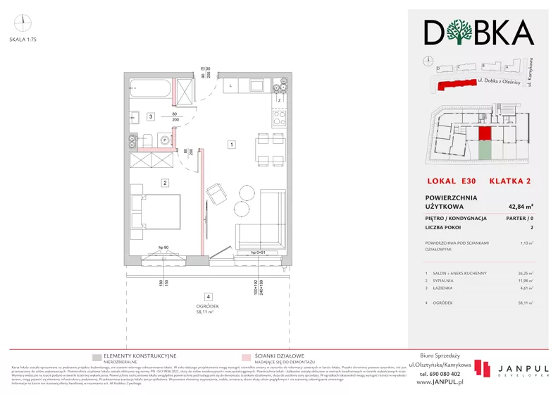 2 pokoje, mieszkanie 42,84 m², piętro 2, oferta nr E2_30, Dobka, Warszawa, Białołęka, Brzeziny, ul. Dobka z Oleśnicy 25