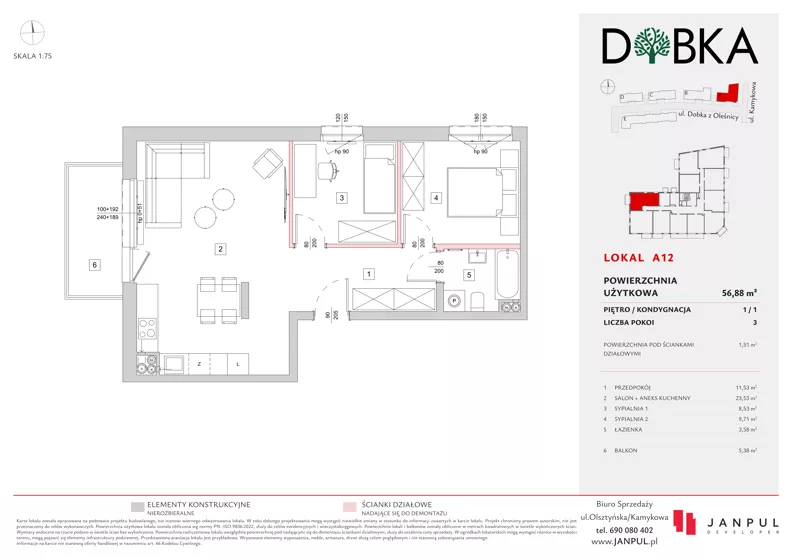 3 pokoje, mieszkanie 56,88 m², piętro 1, oferta nr A12, Dobka, Warszawa, Białołęka, Brzeziny, ul. Dobka z Oleśnicy 25