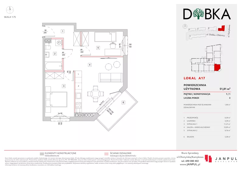 3 pokoje, mieszkanie 51,81 m², piętro 1, oferta nr A17, Dobka, Warszawa, Białołęka, Brzeziny, ul. Dobka z Oleśnicy 25