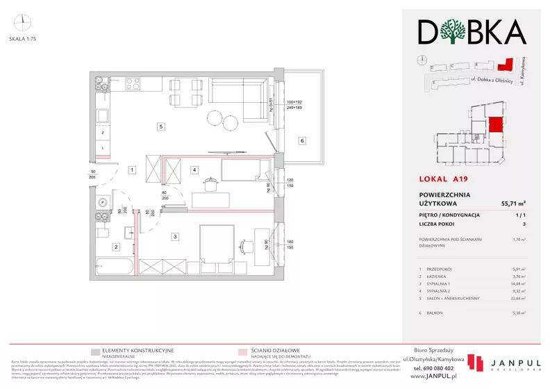 3 pokoje, mieszkanie 55,71 m², piętro 1, oferta nr A19, Dobka, Warszawa, Białołęka, Brzeziny, ul. Dobka z Oleśnicy 25