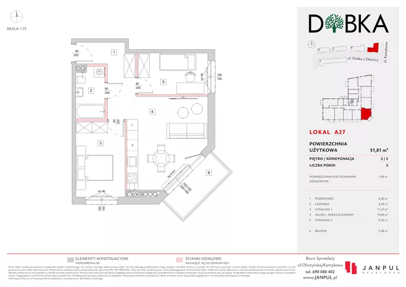 3 pokoje, mieszkanie 51,81 m², piętro 2, oferta nr A27, Dobka, Warszawa, Białołęka, Brzeziny, ul. Dobka z Oleśnicy 25