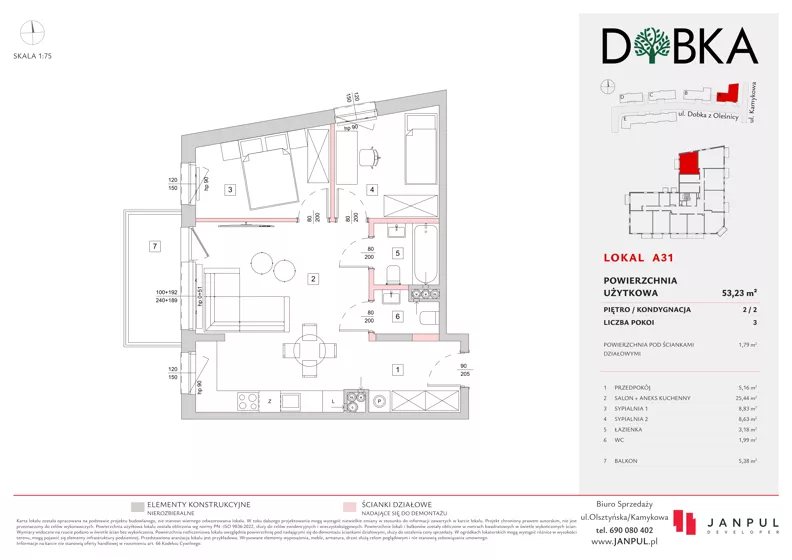 3 pokoje, mieszkanie 53,23 m², piętro 2, oferta nr A31, Dobka, Warszawa, Białołęka, Brzeziny, ul. Dobka z Oleśnicy 25