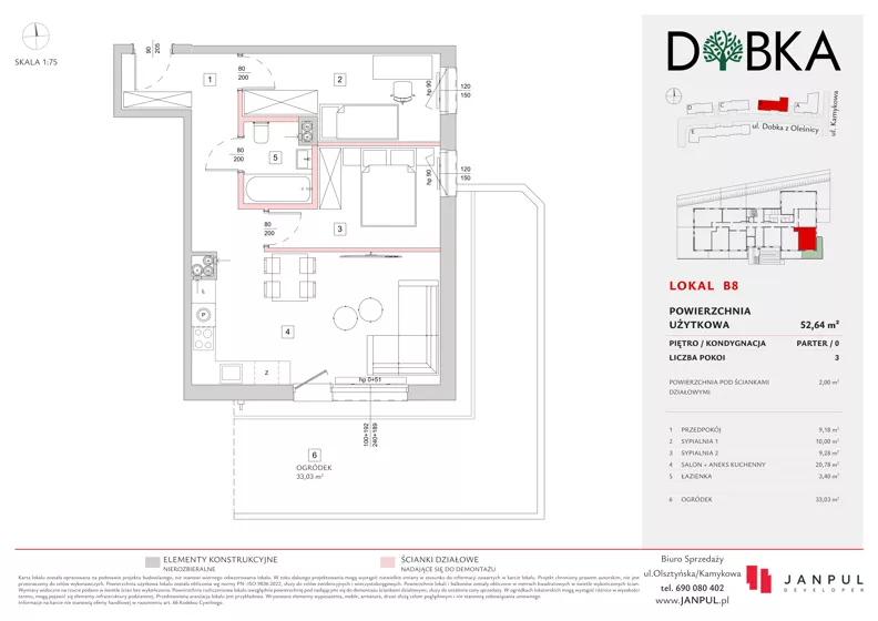 3 pokoje, mieszkanie 52,64 m², parter, oferta nr B08, Dobka, Warszawa, Białołęka, Brzeziny, ul. Dobka z Oleśnicy 25