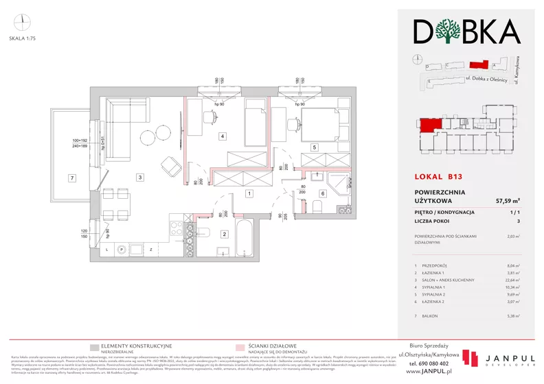 3 pokoje, mieszkanie 57,59 m², piętro 1, oferta nr B13, Dobka, Warszawa, Białołęka, Brzeziny, ul. Dobka z Oleśnicy 25