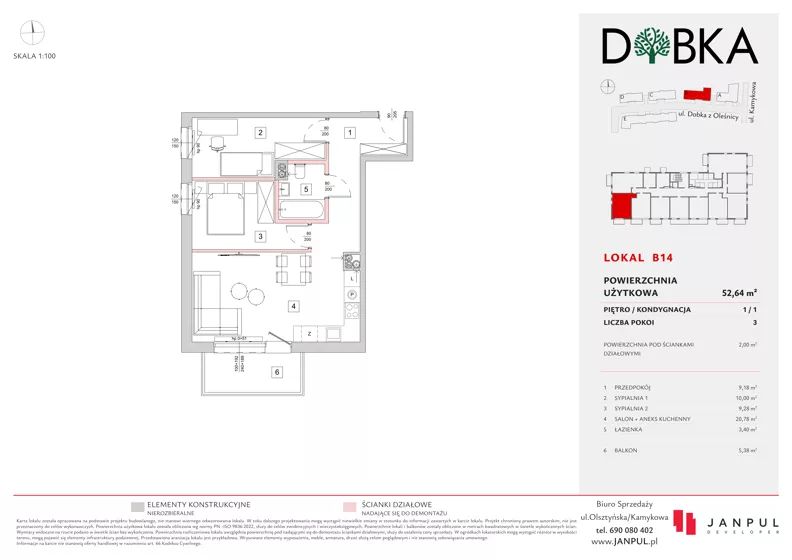 3 pokoje, mieszkanie 52,64 m², piętro 1, oferta nr B14, Dobka, Warszawa, Białołęka, Brzeziny, ul. Dobka z Oleśnicy 25