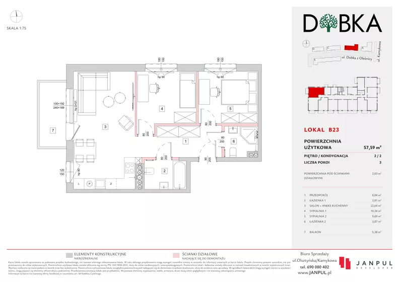 3 pokoje, mieszkanie 57,59 m², piętro 2, oferta nr B23, Dobka, Warszawa, Białołęka, Brzeziny, ul. Dobka z Oleśnicy 25