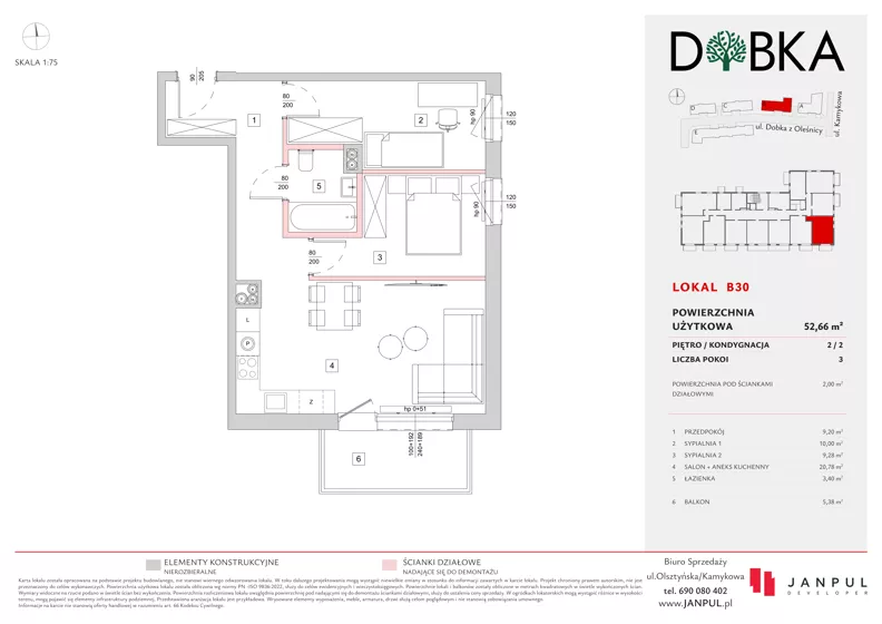 3 pokoje, mieszkanie 52,66 m², piętro 2, oferta nr B30, Dobka, Warszawa, Białołęka, Brzeziny, ul. Dobka z Oleśnicy 25