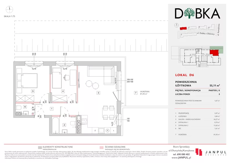3 pokoje, mieszkanie 55,11 m², parter, oferta nr D06, Dobka, Warszawa, Białołęka, Brzeziny, ul. Dobka z Oleśnicy 25